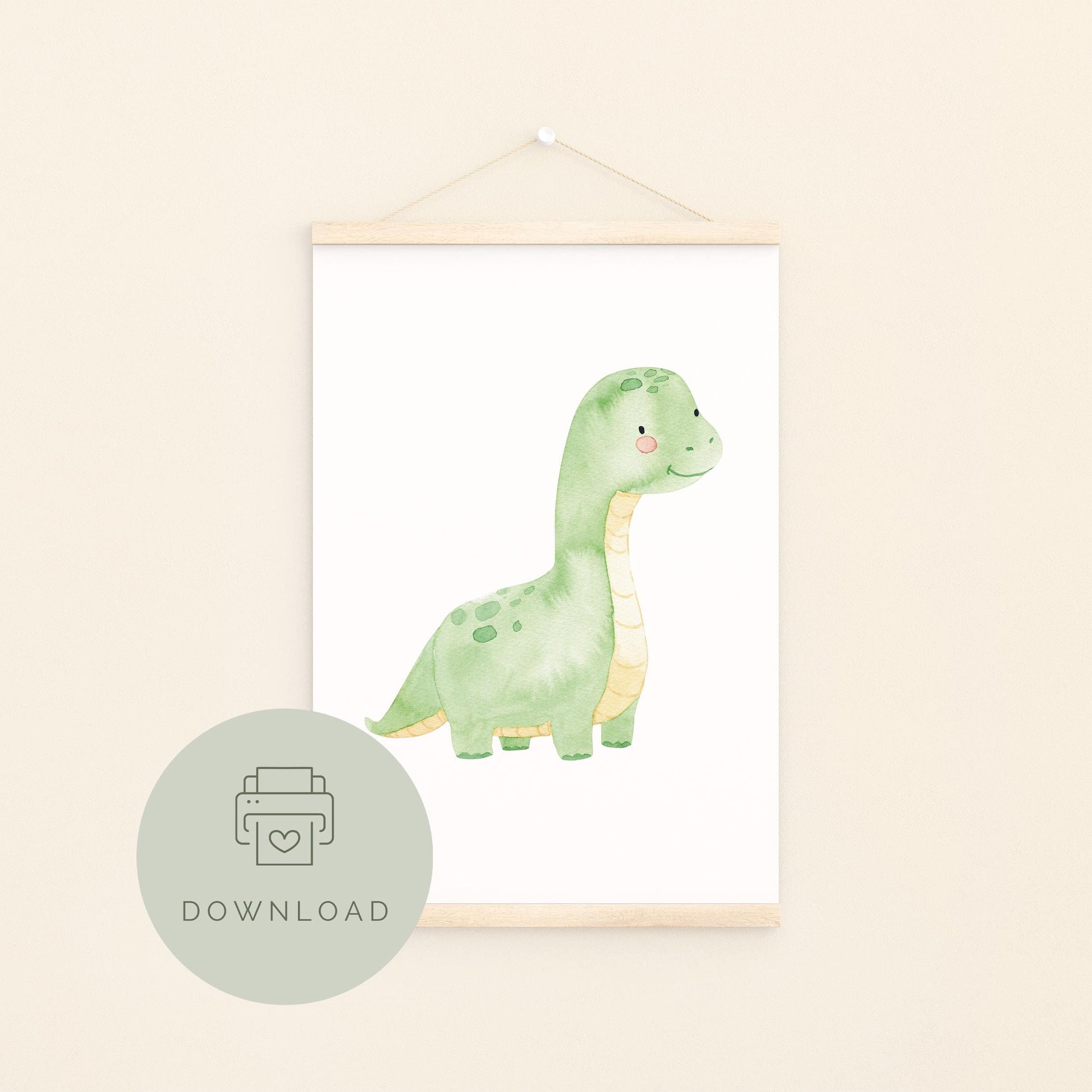 Poster Dinosaurier Hellgrün zum Ausdrucken in 3 Größen zeigt eine grüne Dinosaurierillustration auf weißem Hintergrund, ideal als Kinderzimmerdeko oder Geschenk.