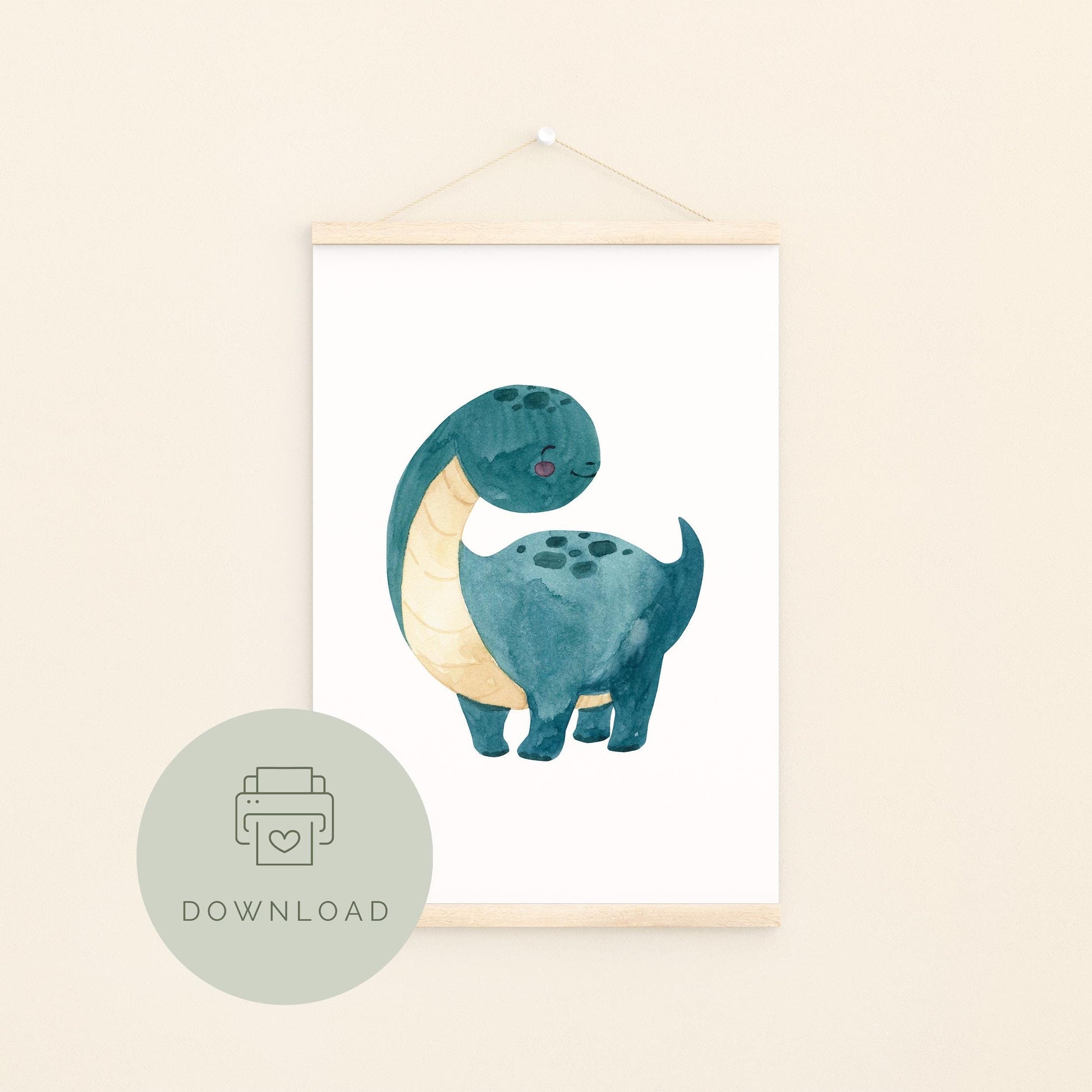 Poster Dinosaurier Moosgrün zum Ausdrucken, zeigt eine Illustration eines Dinosauriers im Aquarellstil. Ideal für Kinderzimmerdekoration, als digitales Produkt in drei Formaten erhältlich.