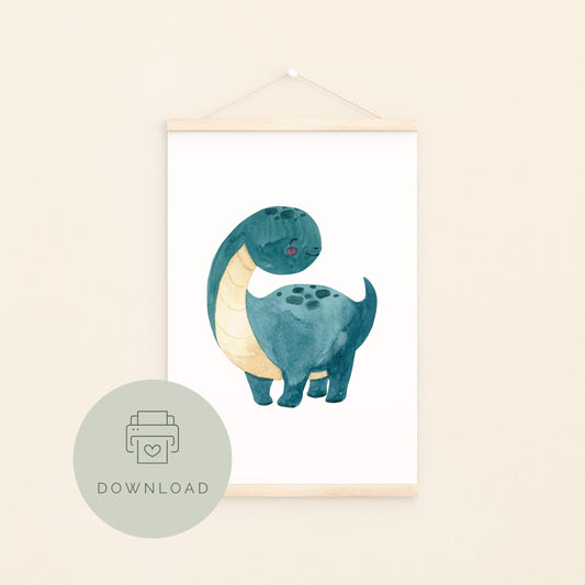 Poster Dinosaurier Moosgrün zum Ausdrucken, zeigt eine Illustration eines Dinosauriers im Aquarellstil. Ideal für Kinderzimmerdekoration, als digitales Produkt in drei Formaten erhältlich.