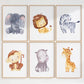 Posterset Safari: Löwe, Elefant, Zebra, Affe, Hippo, Giraffe – sechs Aquarelle auf hochwertigem Papier für Kinderzimmerdeko in A3 und A4.