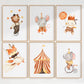 Posterset Zirkus A3 & A4 mit Wasserfarben-Illustrationen von Bär, Maus, Fuchs, Hase, Elefant und Zirkuszelt als Kinderzimmerdeko oder Geschenk.