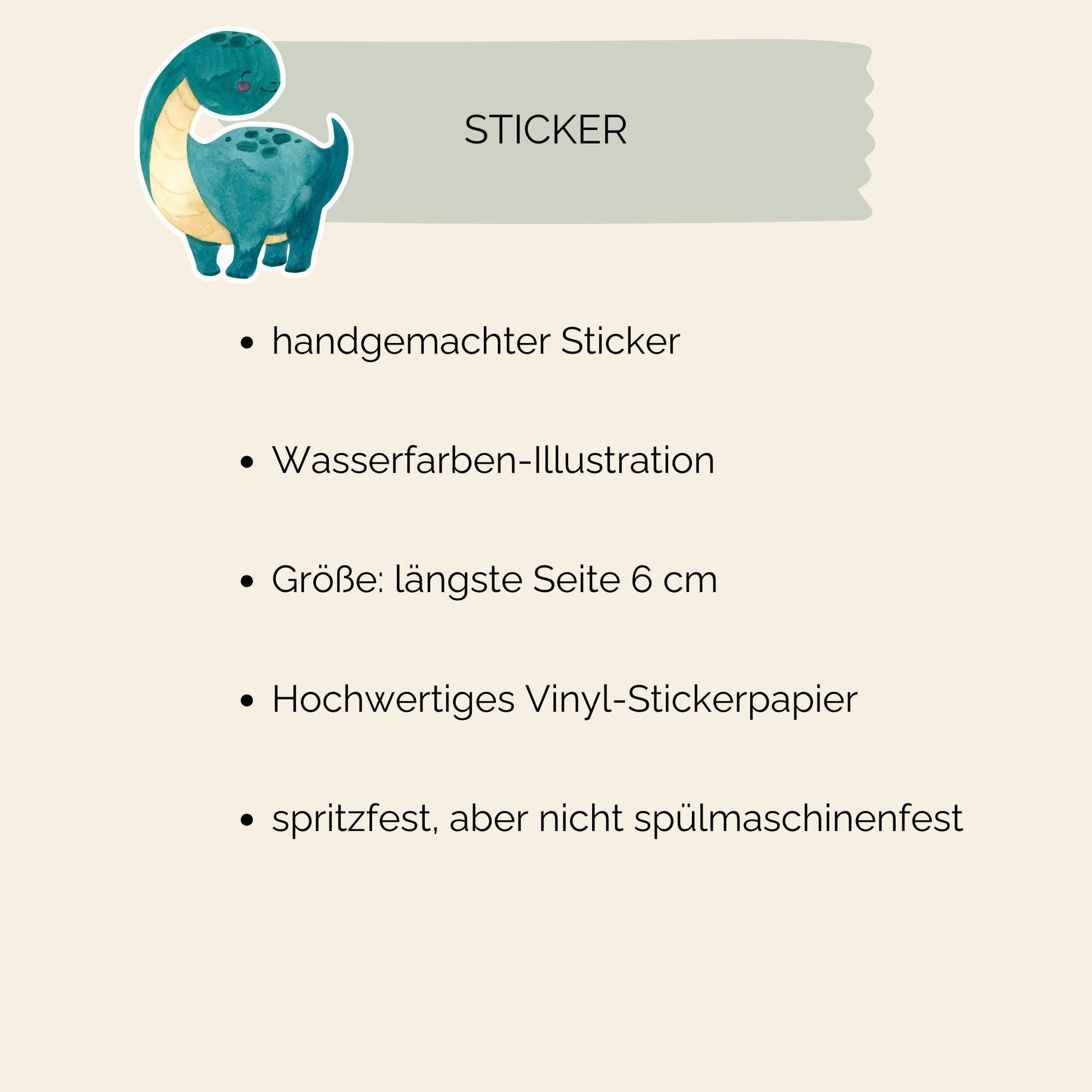 Sticker Dinosaurier dunkelgrün: Handgemalter Vinyl-Aufkleber, ideal für Bullet Journals und Laptops. Spritzfest und langlebig, perfekt für Dino-Fans.