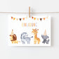 Einladung Kindergeburtstag Tiere A6: Karte mit Aquarelltieren wie Giraffe, Zebra, Elefant und Löwe, auf hochwertigem, mattem Naturpapier, leicht auszufüllen.