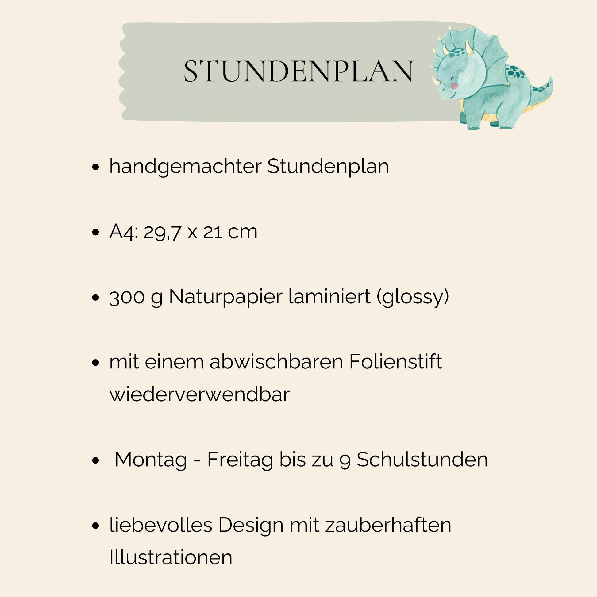 Stundenplan Dinosaurier A4: Handgemalter Dinosaurier auf A4-Format, laminiert für mehrfache Nutzung. Perfekt als Geschenk zur Einschulung für Dinosaurier-Fans.