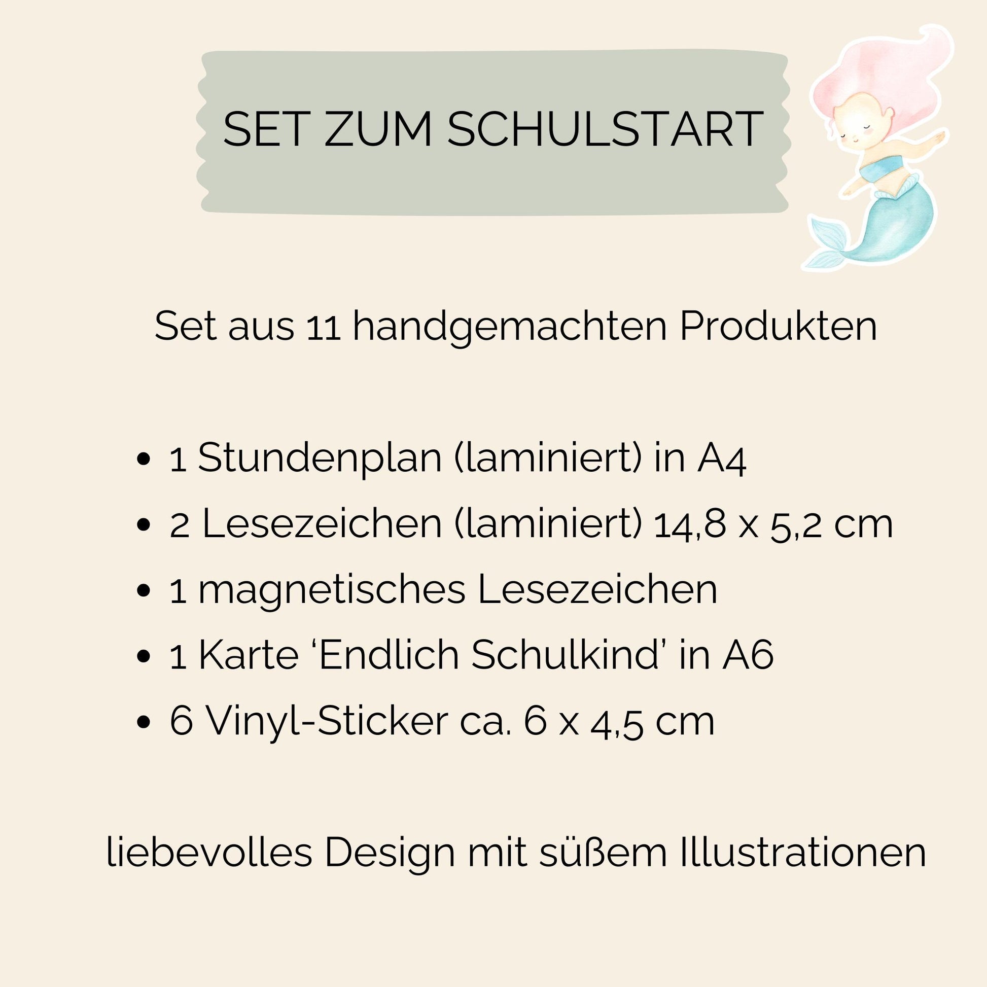 Einschulung Geschenk-Set Meerjungfrauen: Illustrierter Stundenplan mit Meerjungfrau, Teil eines 11-teiligen Sets mit Lesezeichen, Karte und Stickern für den Schulstart.