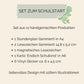 Einschulung Geschenk-Set Dinosaurier: Diagramm mit Cartoon-Dinosaurier, Text auf grauem Schild. Ideal für den Schulstart mit Stundenplan, Lesezeichen und Stickern.