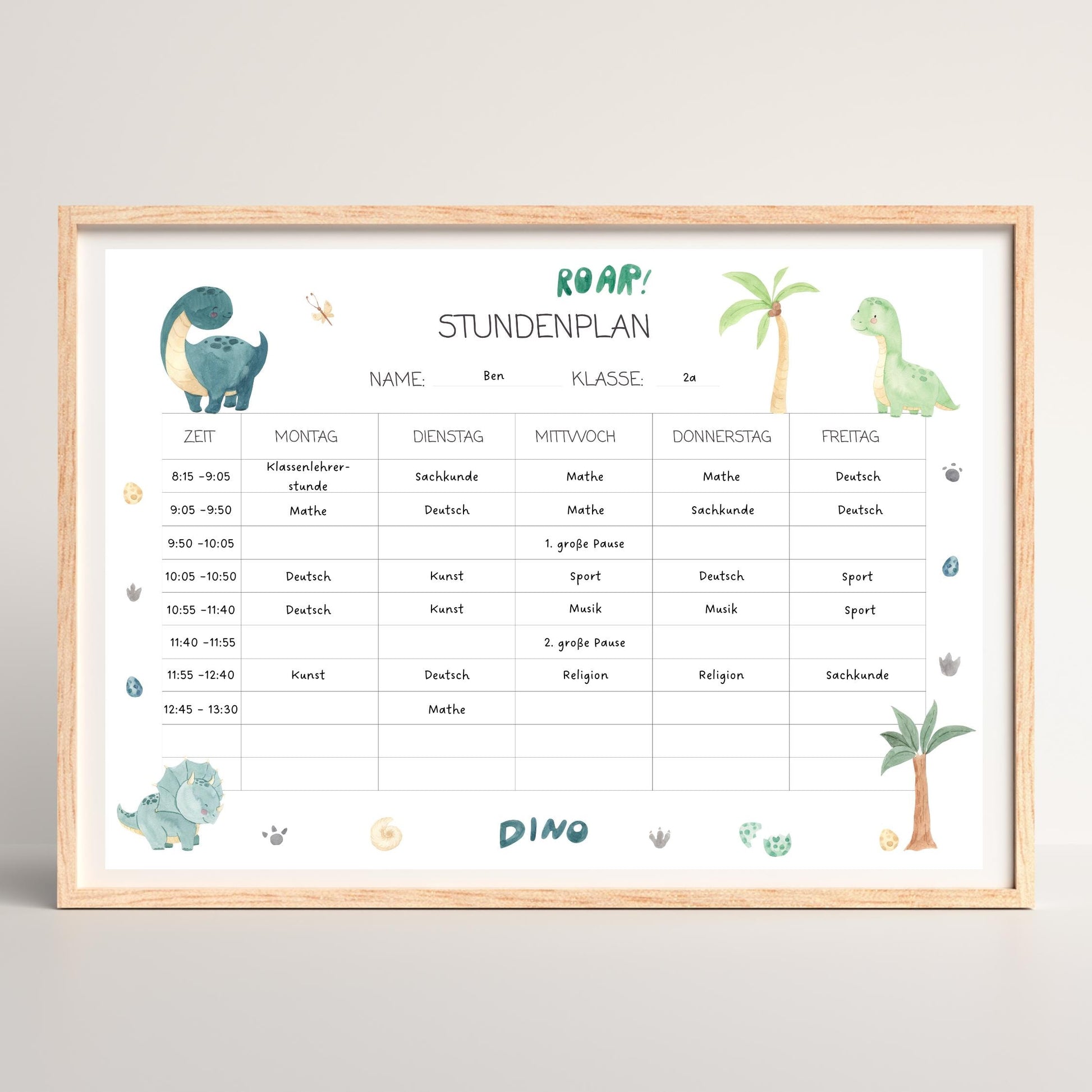Stundenplan Dinosaurier A4 mit handgezeichneten Dinos und Palmen, laminiert auf 300 g Naturpapier, wiederverwendbar mit abwischbarem Marker. Ideal für Schulkinder.