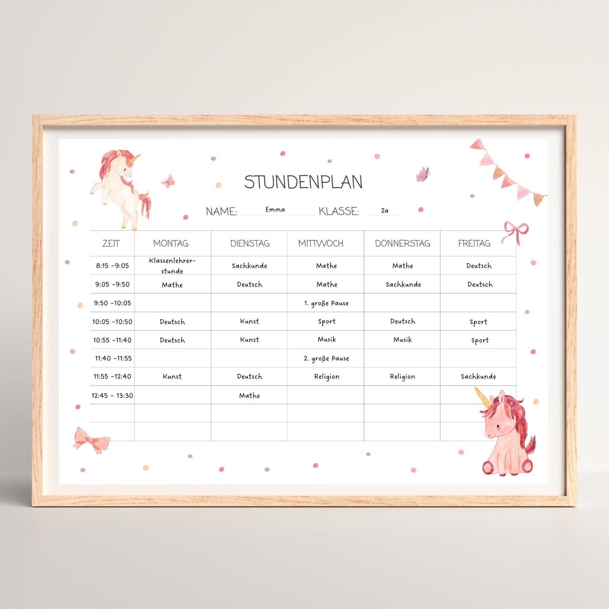 Stundenplan Einhorn A4 mit handgemalten Einhörnern, laminiert und wiederverwendbar, ideal für Kinder. Perfekt als Geschenk zur Einschulung.