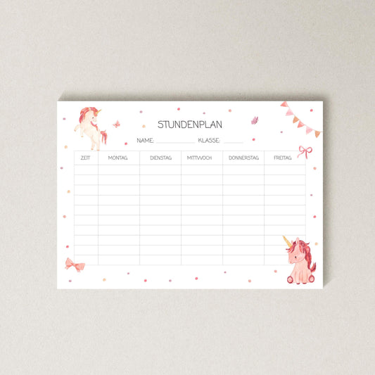 Stundenplan Einhorn A4 mit pinken Einhörnern und Sternen, laminiert, mehrfach nutzbar. Perfekt für Kinder zur Einschulung. Enthält Zeichnungen von Einhörnern und Schmetterlingen.