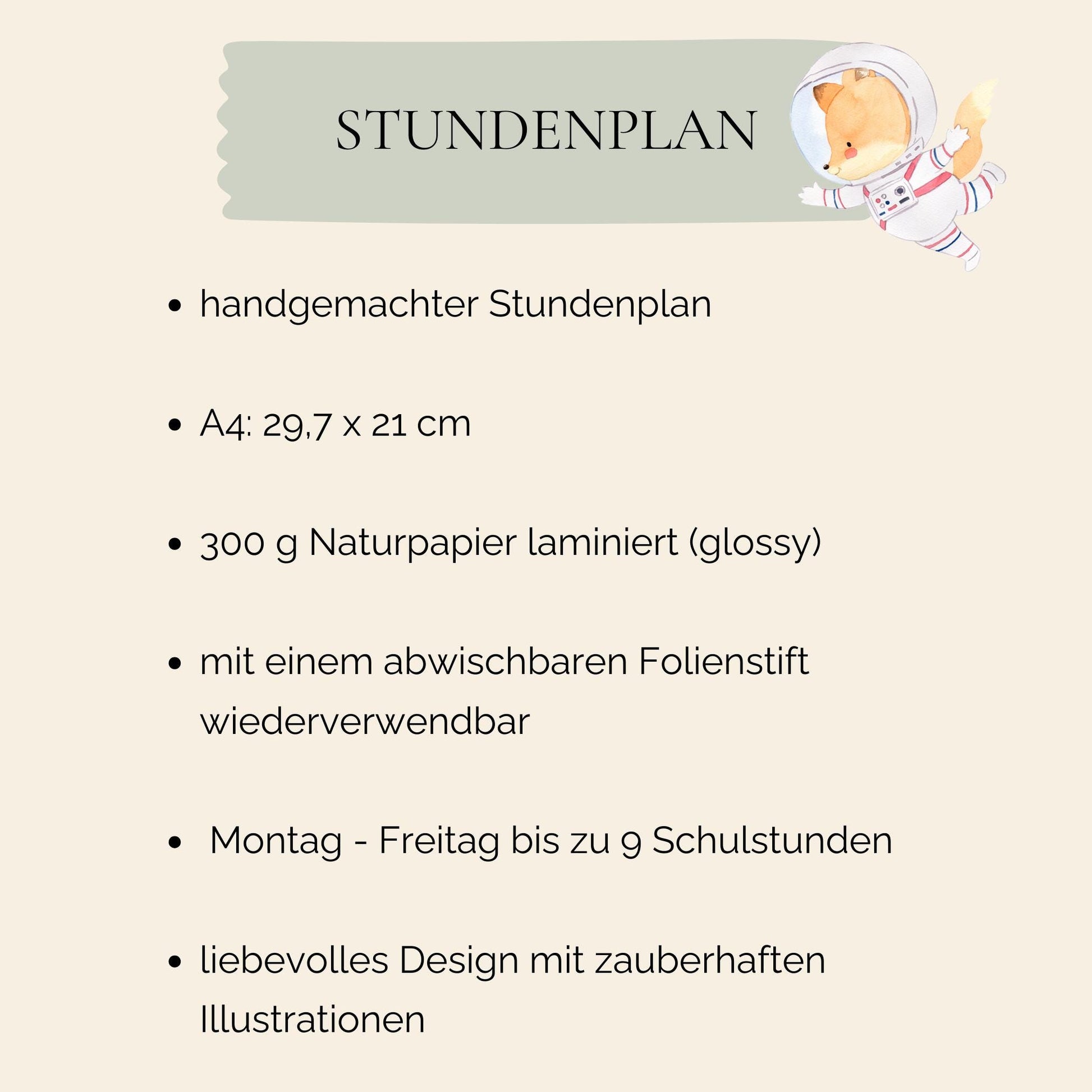 Stundenplan Astronauten A4 mit Cartoon-Fuchs im Raumanzug, auf 300g laminiertem Naturpapier, mehrfach verwendbar mit abwischbarem Marker, ideales Geschenk zur Einschulung.
