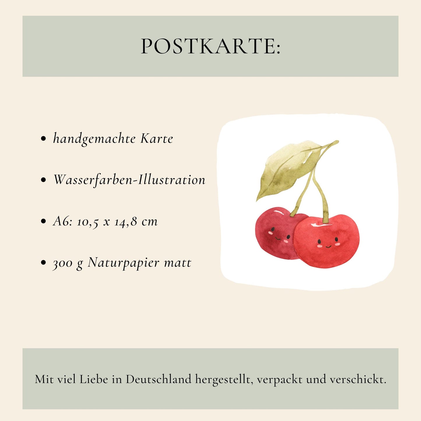 Postkarten-Set Früchte 6 Karten A6 zeigt sechs sommerliche Postkarten mit frechen Fruchtmotiven auf mattem, stabilem 300g Naturpapier. Ideal für Grüße und Dekoration.