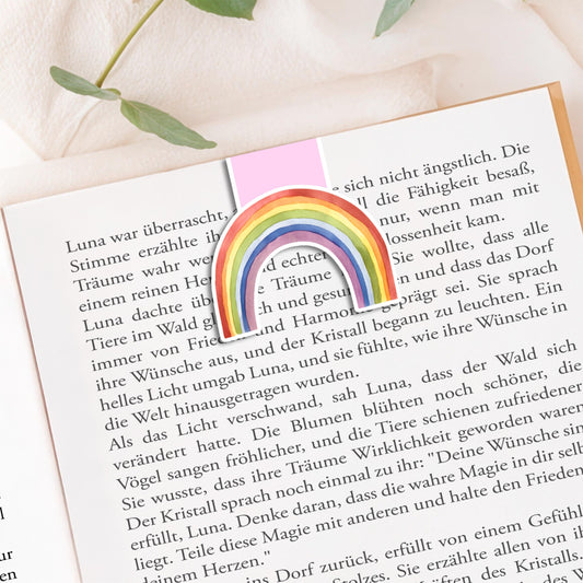 Magnetisches Lesezeichen Regenbogen Rosa, handgemalt, mit Vinyl versiegelt auf mattem Papier. Enthält Magnete für sicheren Halt. Perfekt als Geschenk für Buchliebhaber.