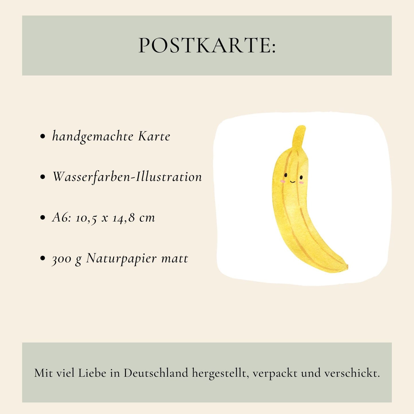 Karte Banane A6: Hochwertige Postkarte mit niedlicher Bananen-Illustration, ideal für Sommergrüße oder als Dekoration. Gedruckt auf stabilem, mattem Naturpapier.