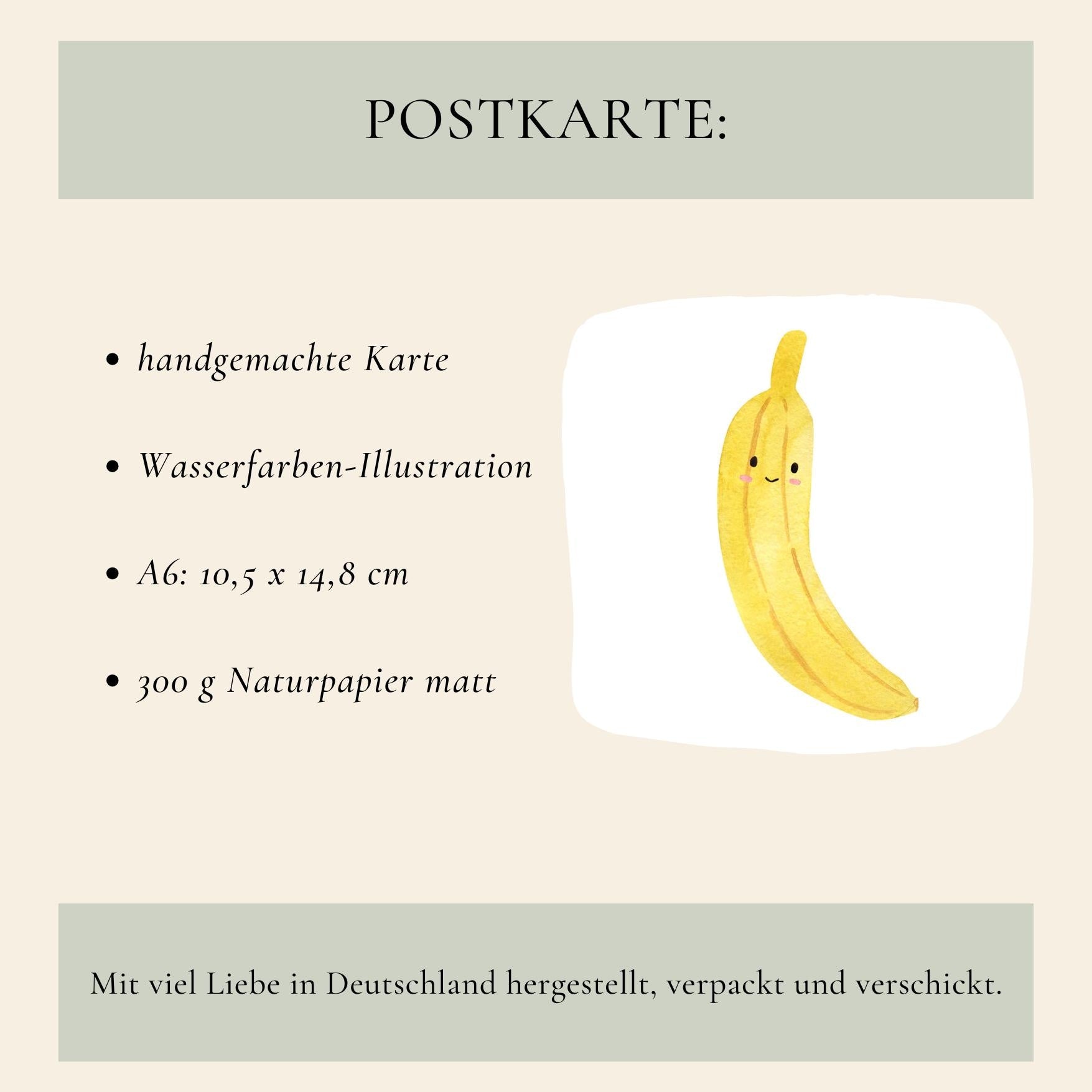 Karte Banane A6: Hochwertige Postkarte mit niedlicher Bananen-Illustration, ideal für Sommergrüße oder als Dekoration. Gedruckt auf stabilem, mattem Naturpapier.