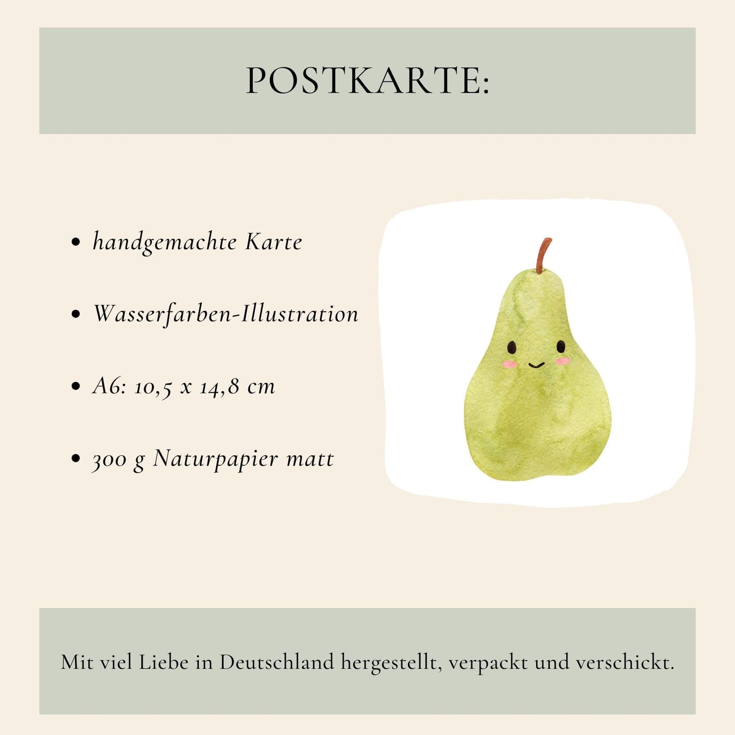 Postkarte Karte Birne A6 mit süßem Birnenmotiv, auf hochwertigem, mattem 300g Naturpapier gedruckt. Perfekt für Grüße oder Dekoration. Größe A6.