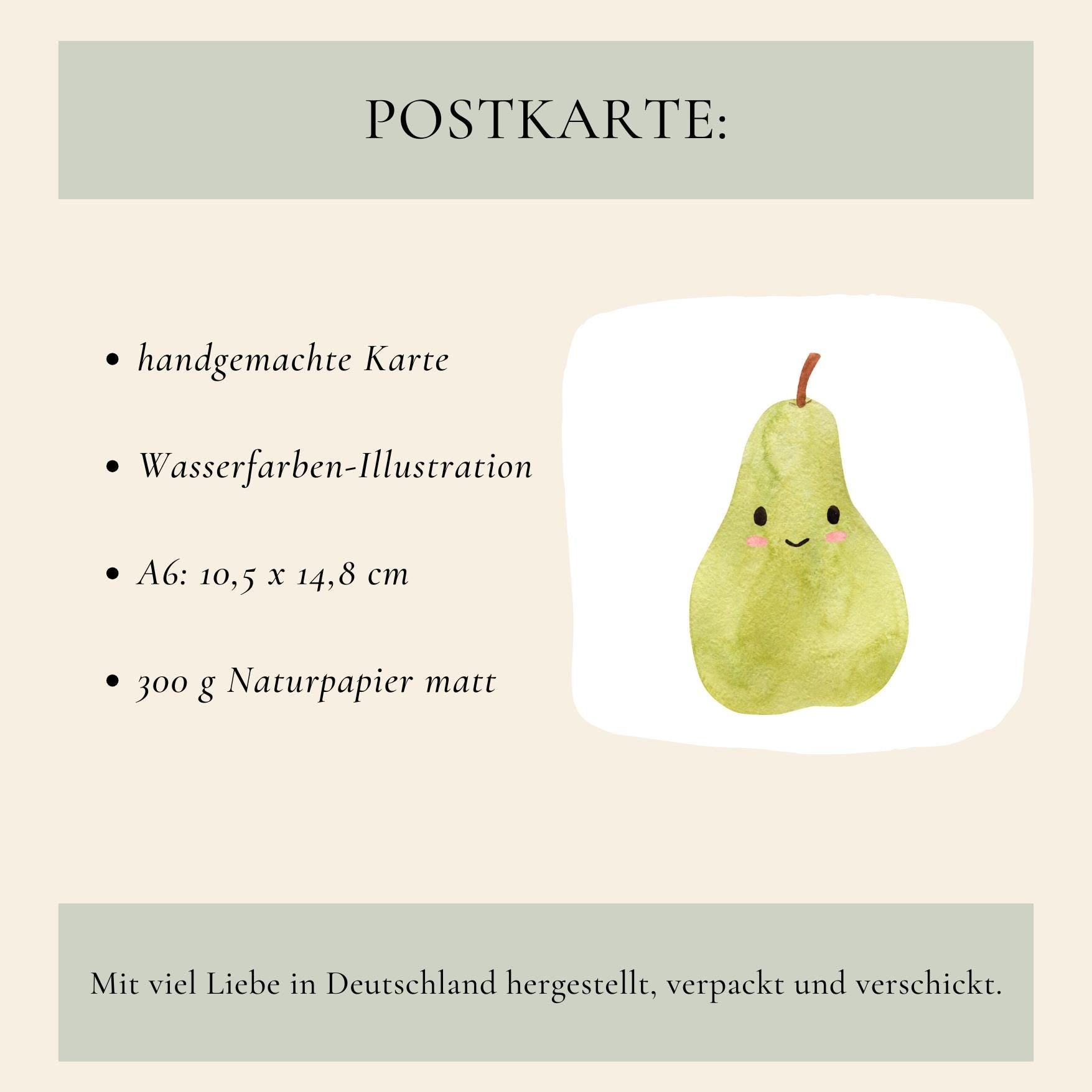 Postkarte Karte Birne A6 mit süßem Birnenmotiv, auf hochwertigem, mattem 300g Naturpapier gedruckt. Perfekt für Grüße oder Dekoration. Größe A6.