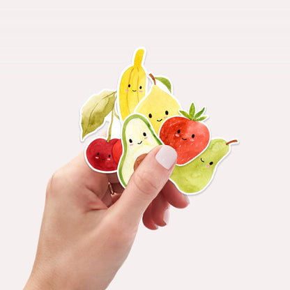 Sticker Set Erdbeere, Banane, Kirschen, Avocado, Zitrone, Birne: Sechs Vinyl-Sticker mit fruchtigen Motiven, ideal für Dekorationen. Hochwertig, langlebig, spritzfest. Perfekt für Laptops und Bullet Journals.