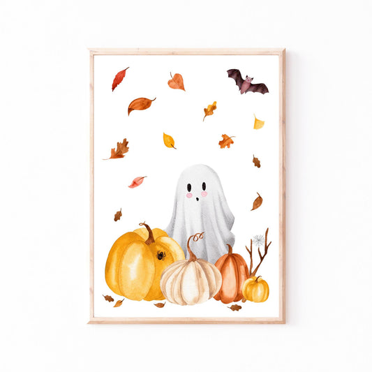Poster Halloween Gespenst & Kürbis A5, A4 & A3: Niedliches Aquarell mit Gespenst, Kürbissen, Spinne, Herbstblättern, Fledermaus. Perfekt für Kinderzimmer oder Halloween-Deko.