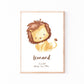 Geburtsposter Löwe - personalisiert: Aquarell-Löwenmotiv mit Name Leonard und Geburtsdaten, eingerahmt in hellem Holz. Ideal für Kinderzimmerdekoration.
