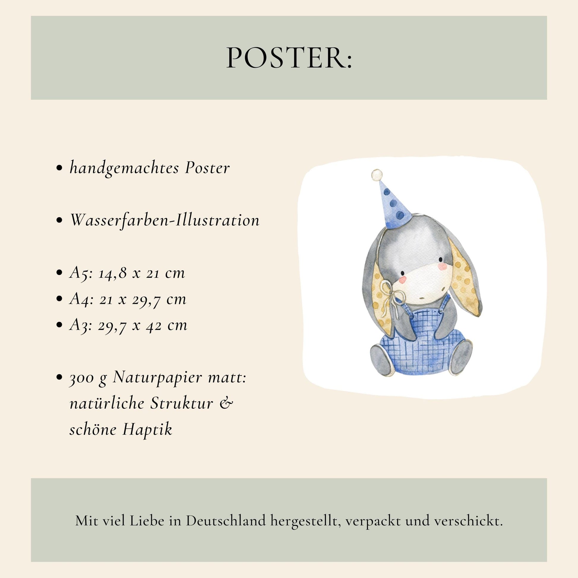 Geburtsposter Esel personalisiert: Handgemachtes A3-A5 Poster mit grauem Kuscheltierhase in blauer Latzhose, auf 300g mattem Naturpapier. Ideal als personalisiertes Kinderzimmergeschenk.