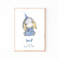 Geburtsposter Esel personalisiert: Aquarell-Esel mit blauem Partyhut und Latzhose, darunter Name Emil und Geburtsdaten auf hochwertigem Papier. Perfektes Geschenk oder Kinderzimmerdeko.