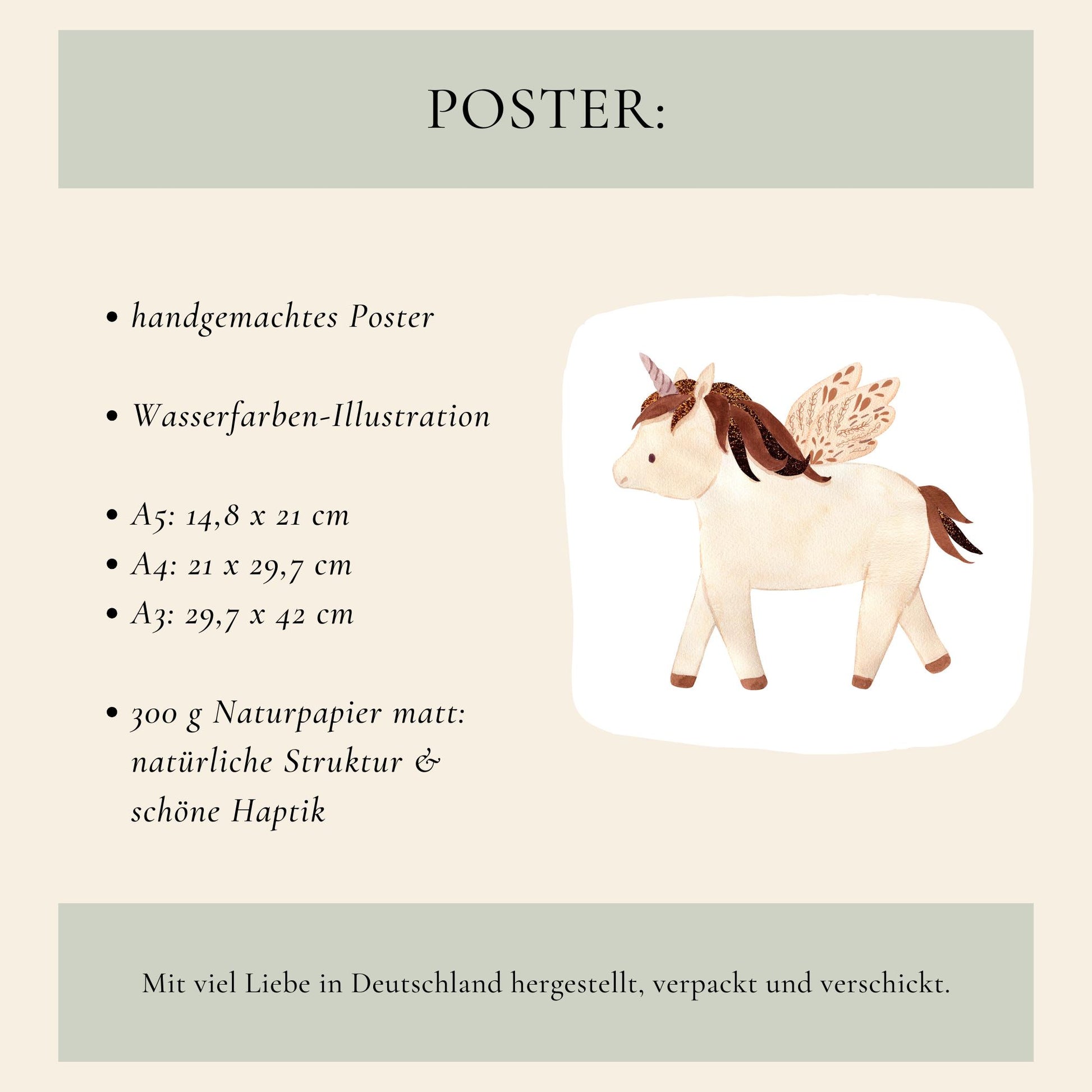 Geburtsposter Einhorn - personalisiert: Handgemachte Aquarell-Illustration eines cremefarbenen Einhorns mit roségoldenem Horn und Blättermuster-Flügeln, erhältlich in A5, A4, A3 auf 300g Naturpapier.