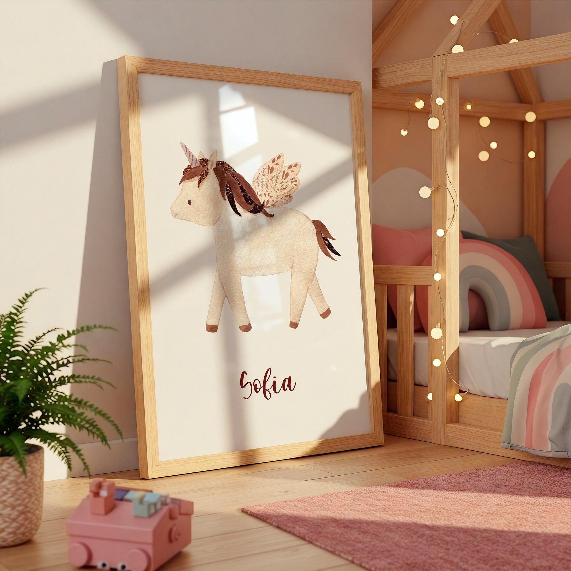 Geburtsposter Einhorn - personalisiert: Illustration eines geflügelten Einhorns mit Namen Sofia in hellem Rahmen, perfekt für Kinderzimmer-Dekoration.