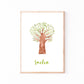 Gerahmtes Geburtsposter Baum personalisiert: Aquarellbaum mit Name Emilia darunter, ideal als individuelles Geschenk, auf hochwertigem Papier gedruckt, ohne Rahmen.