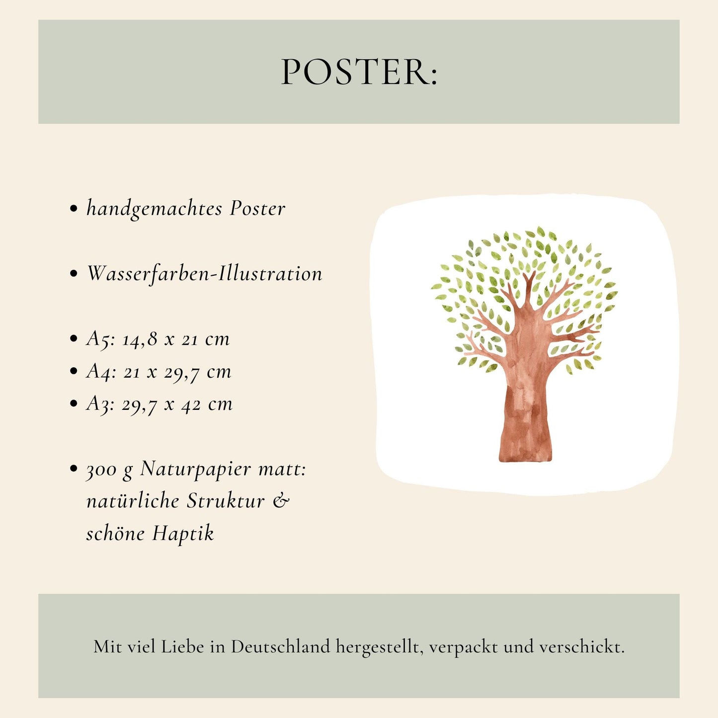 Geburtsposter Baum personalisiert: Handgemaltes Aquarell mit grünem Blätterbaum auf Naturpapier. Erhältlich in A5, A4, A3, personalisierbar mit Namen und Geburtsdaten.