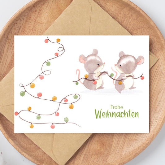 Weihnachtskarte Mäuse & Lichterkette Frohe Weihnachten A6
