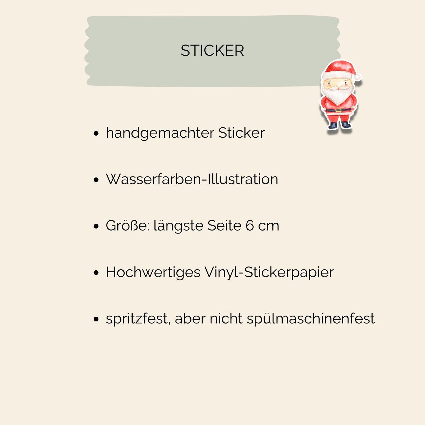 Handgemachter Sticker Weihnachtsmann mit Aquarellmotiv, spritzfestes Vinyl, 6 cm, ideal für Bullet Journals, Laptops, nicht spülmaschinenfest. Perfekt für Weihnachtsdekoration.