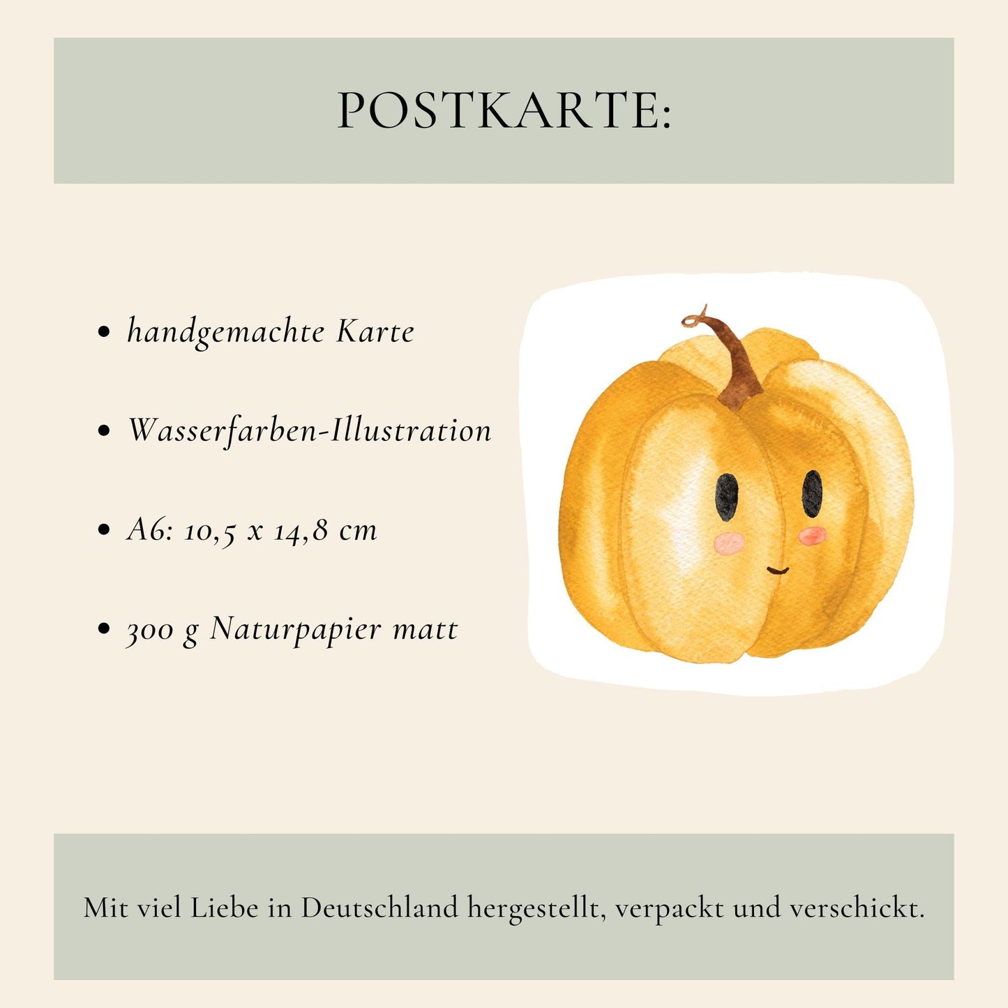 Postkarten Set Kürbis A6: Handgemachte Karte mit fröhlichem Kürbis in Wasserfarben, gedruckt auf 300g Naturpapier, A6 Größe. Hergestellt und verpackt in Deutschland.