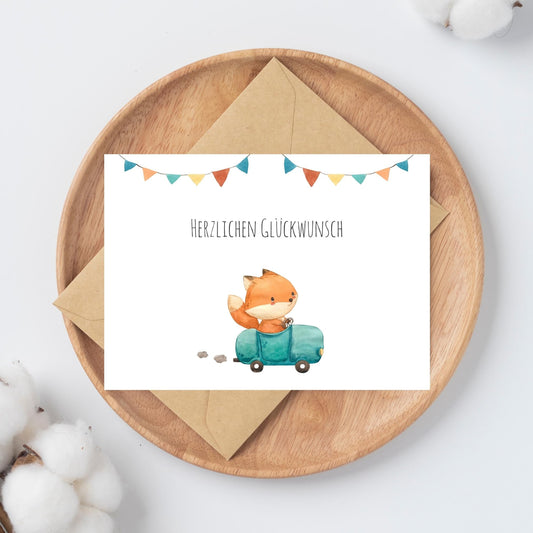 Karte Kindergeburtstag Fuchs & Auto A6