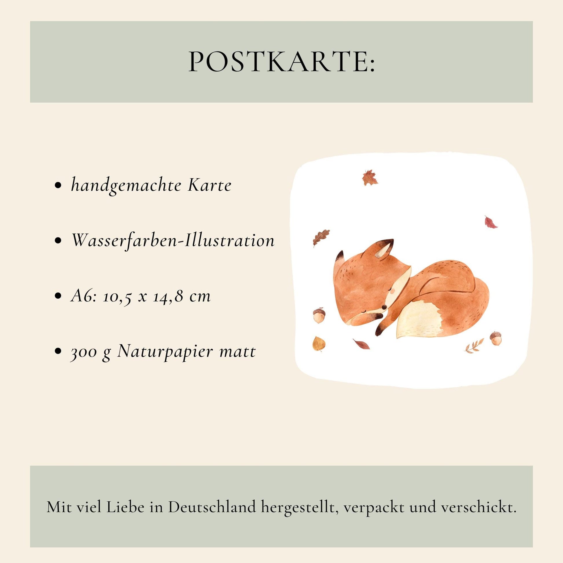 Handgemachte Postkarte „Karte Fuchs & Herbstlaub A6“ mit Aquarellillustration eines schlafenden Fuchses im Herbstlaub, auf mattes 300g Naturpapier gedruckt.