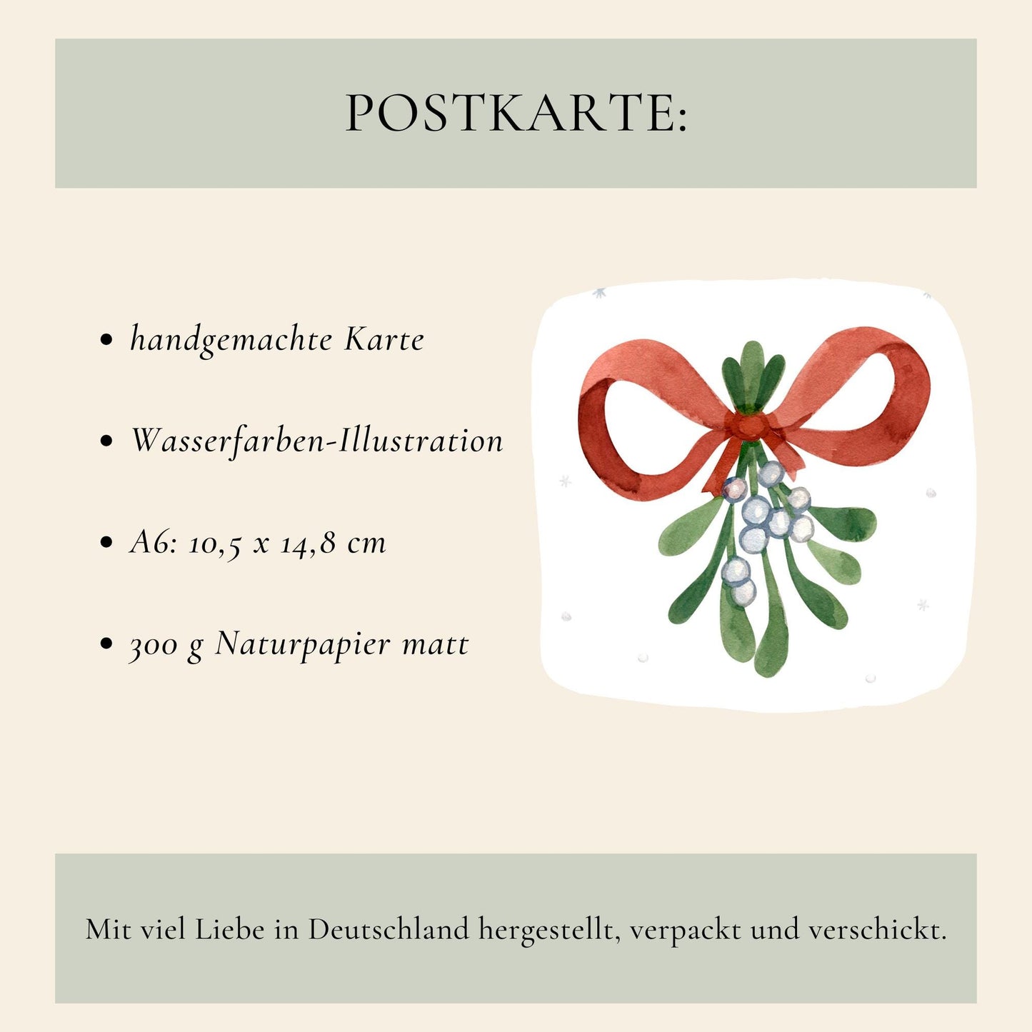Personalisierte Weihnachtskarte Mistelzweig A6 mit handgemalter Wasserfarben-Illustration, rotem Schleifenband, gedruckt auf 300 g/m² Naturpapier. Optionale Klapp- oder Postkartenformate.