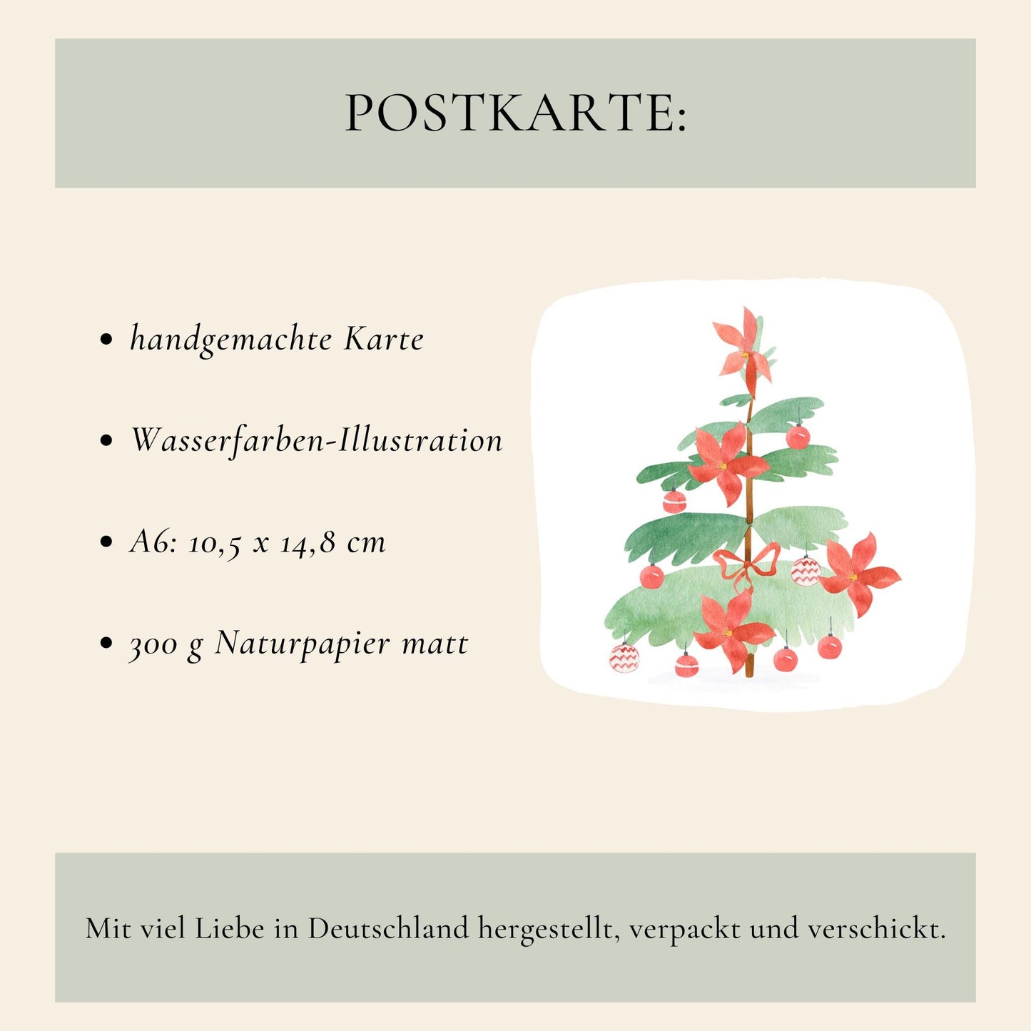 Personalisierte Weihnachtskarte Weihnachtsbaum A6 mit handgemalter Weihnachtsbaum-Illustration und Poinsettien. Gedruckt auf 300 g/m² Naturpapier. Option als Klappkarte oder Postkarte.
