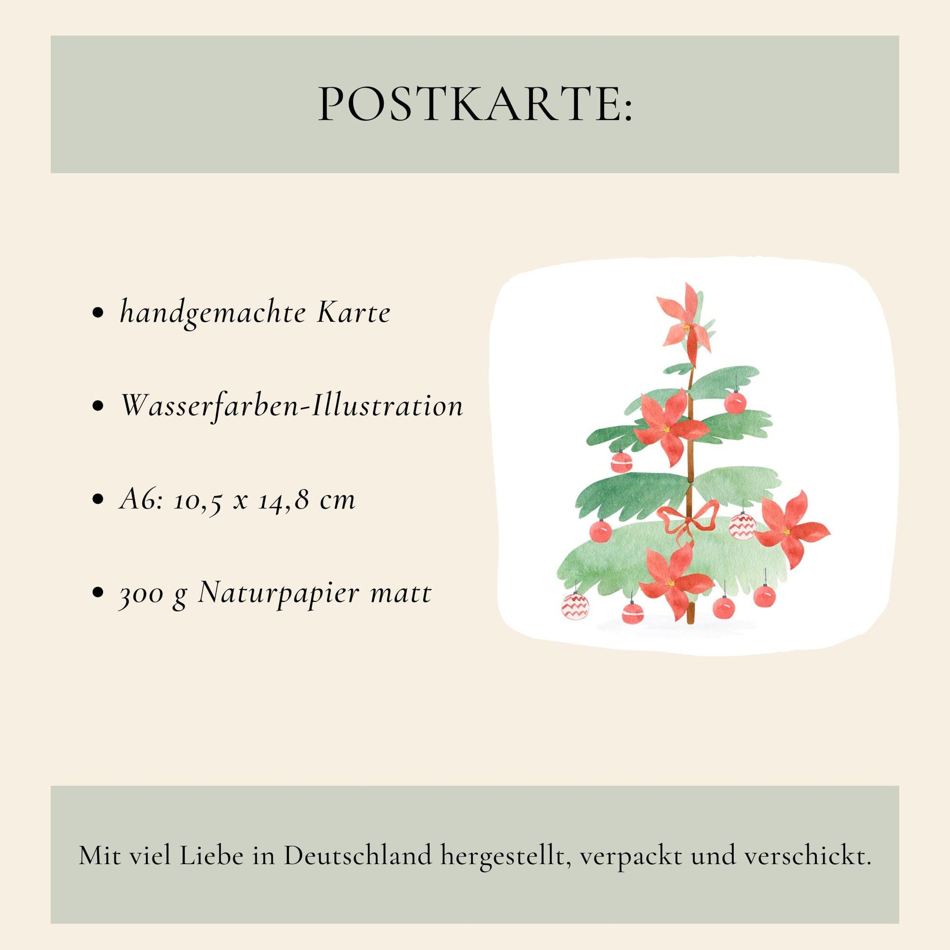 Personalisierte Weihnachtskarte Weihnachtsbaum A6 mit handgemalter Weihnachtsbaum-Illustration und Poinsettien. Gedruckt auf 300 g/m² Naturpapier. Option als Klappkarte oder Postkarte.