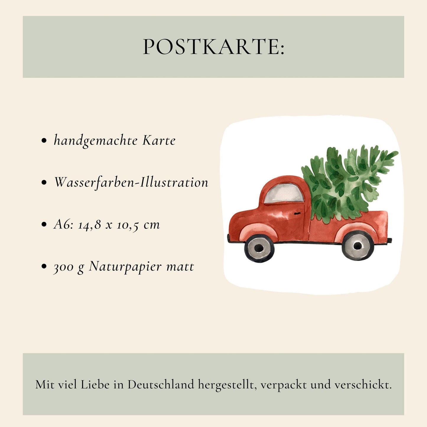 Personalisierte Weihnachtskarte Auto & Baum A6 mit handgemalter Wasserfarben-Illustration eines roten Transporters mit Tannenbaum, gedruckt auf 300g/m² matte Naturpapier.