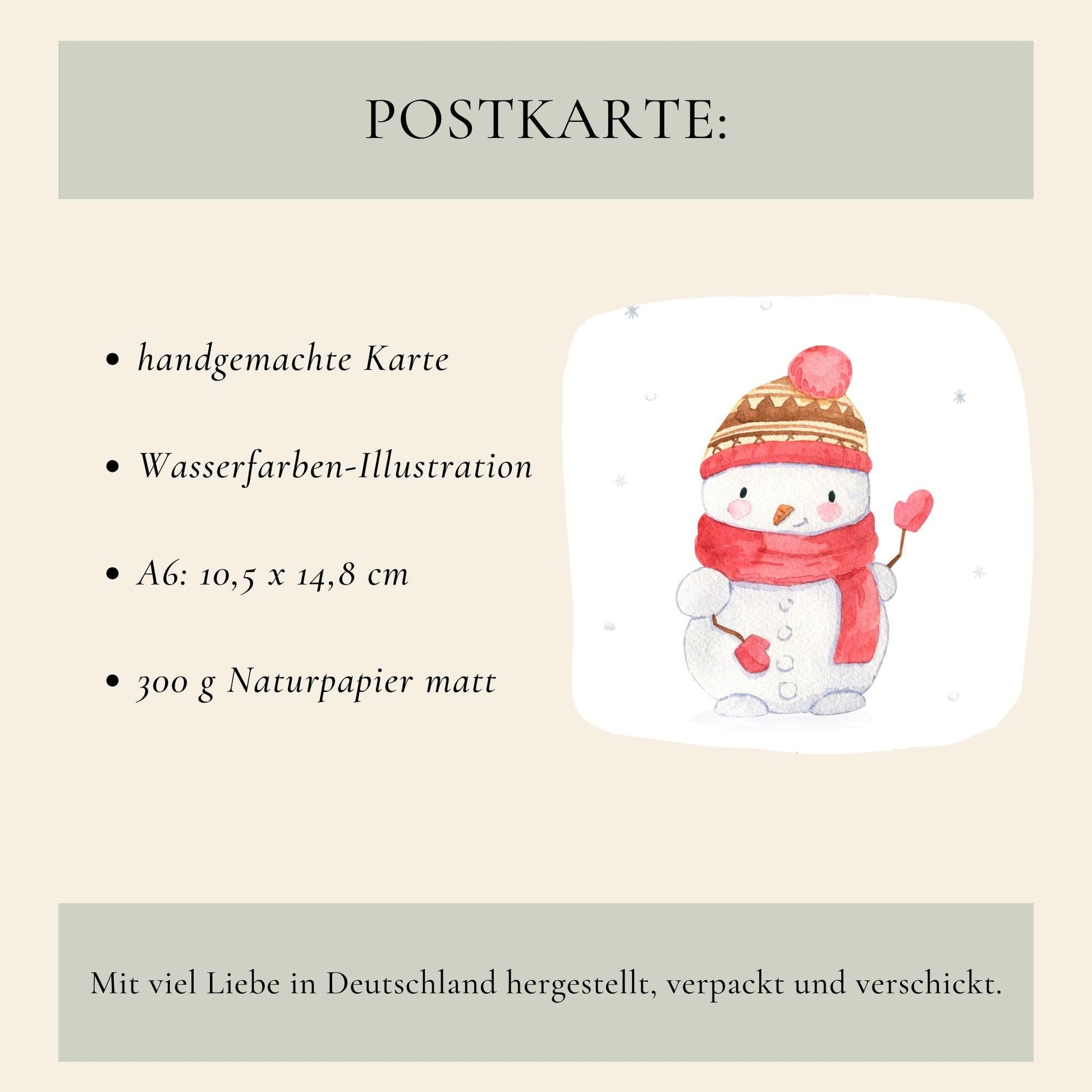 Personalisierte Weihnachtskarte Schneemann A6 mit handgemalter Wasserfarben-Illustration eines Schneemanns in Mütze, Schal und Handschuhen, auf mattem Naturpapier gedruckt.