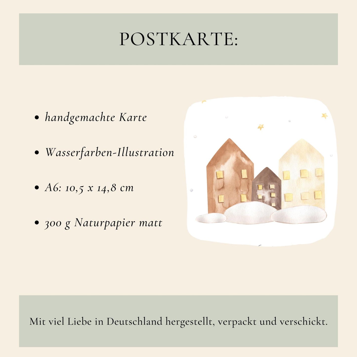 Personalisierte Weihnachtskarte Häuser A6 zeigt drei stilisierte Häuser im Schnee mit goldenen Sternchen, handgemalt mit Wasserfarben auf 300 g/m² Naturpapier, matt.