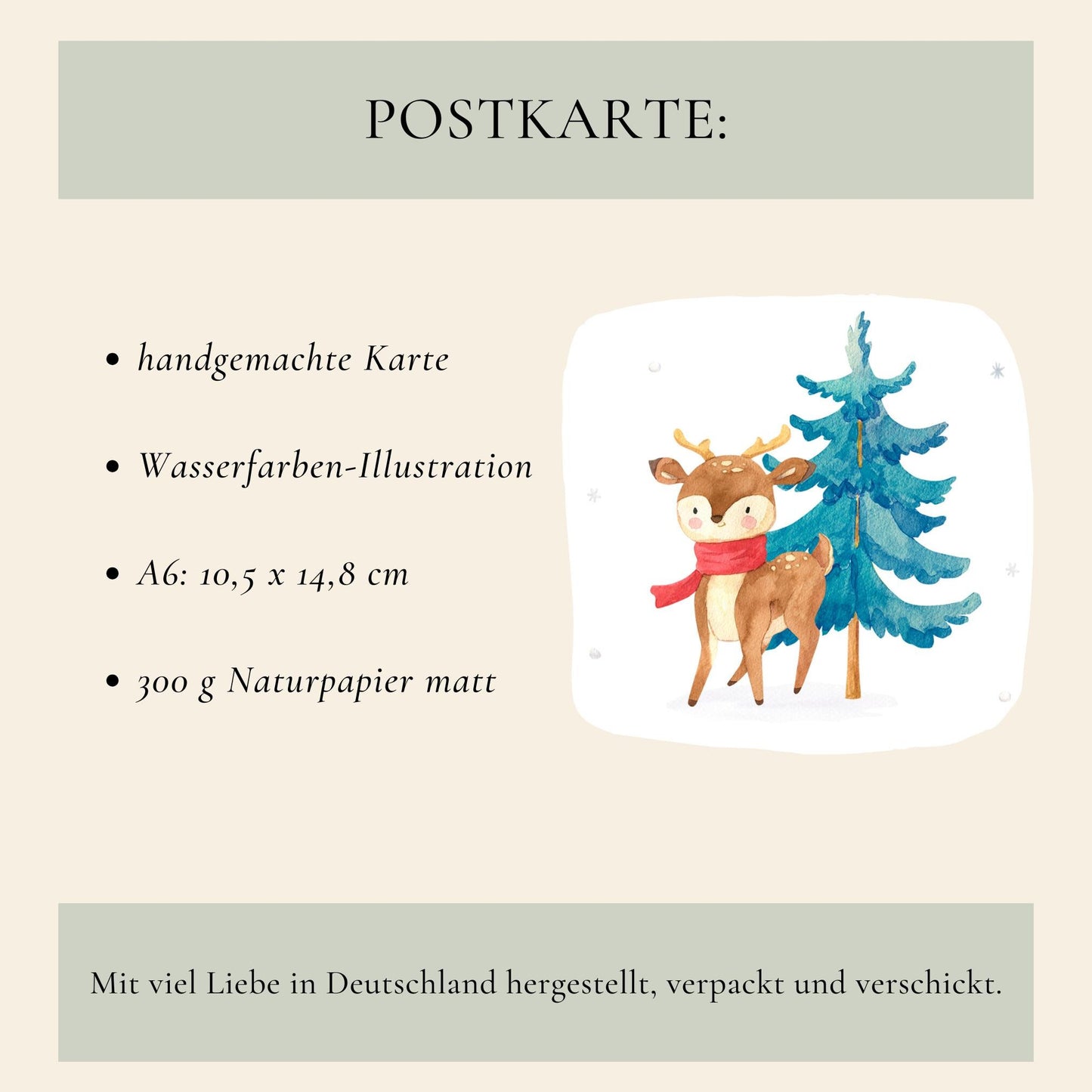 Personalisierte Weihnachtskarte Reh & Winterwald A6: Aquarell-Reh mit rotem Schal neben verschneitem Baum. Handgemachte Karte auf 300 g/m² Naturpapier, in Deutschland gefertigt.