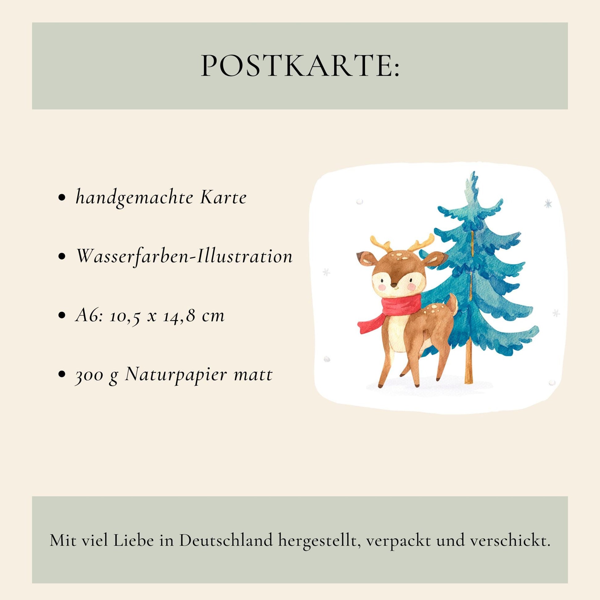 Personalisierte Weihnachtskarte Reh & Winterwald A6: Aquarell-Reh mit rotem Schal neben verschneitem Baum. Handgemachte Karte auf 300 g/m² Naturpapier, in Deutschland gefertigt.