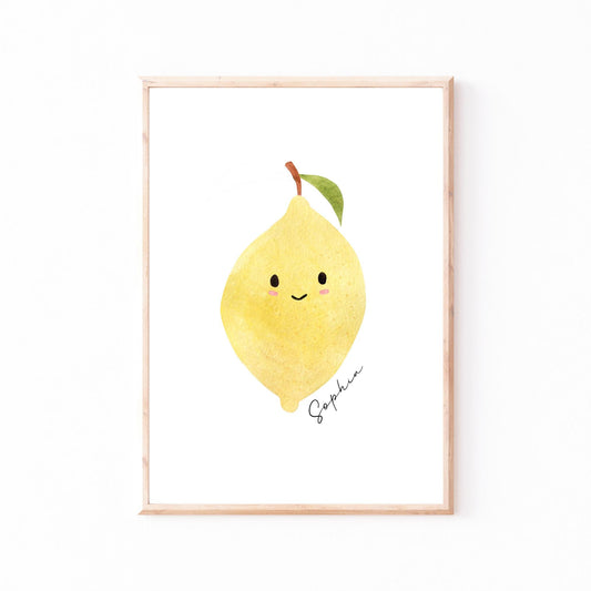 Namensposter Zitrone A3 & A4 zeigt eine kawaii Zitrone mit Gesicht, handgemalte Aquarellkunst, personalisierbar mit Namen, ideal als Kinderzimmerdekoration.