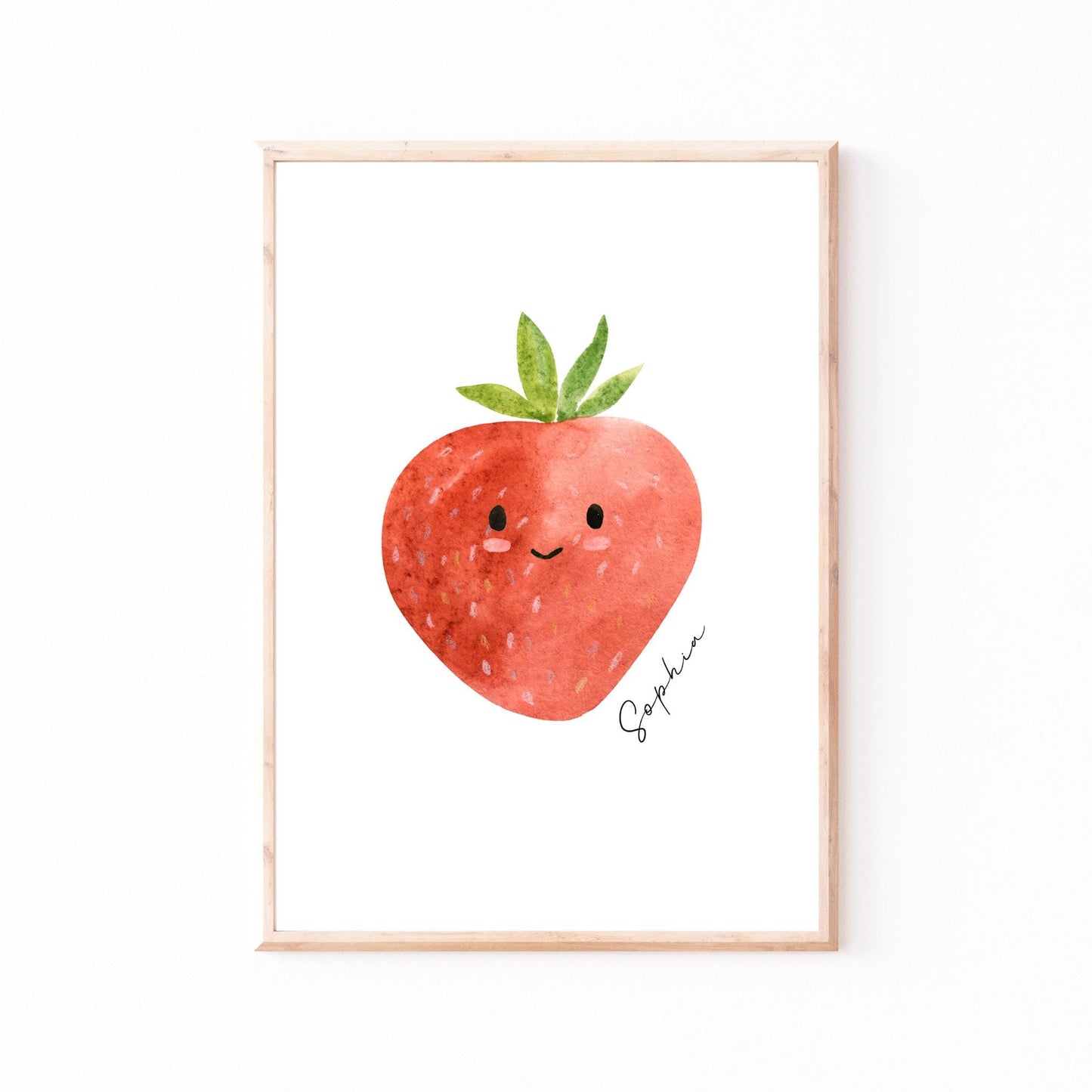 Namensposter Erdbeere A3 & A4 zeigt eine lächelnde Erdbeere mit Gesicht, signiert von Sophia, ideal für personalisierte Kinderzimmerdekoration.