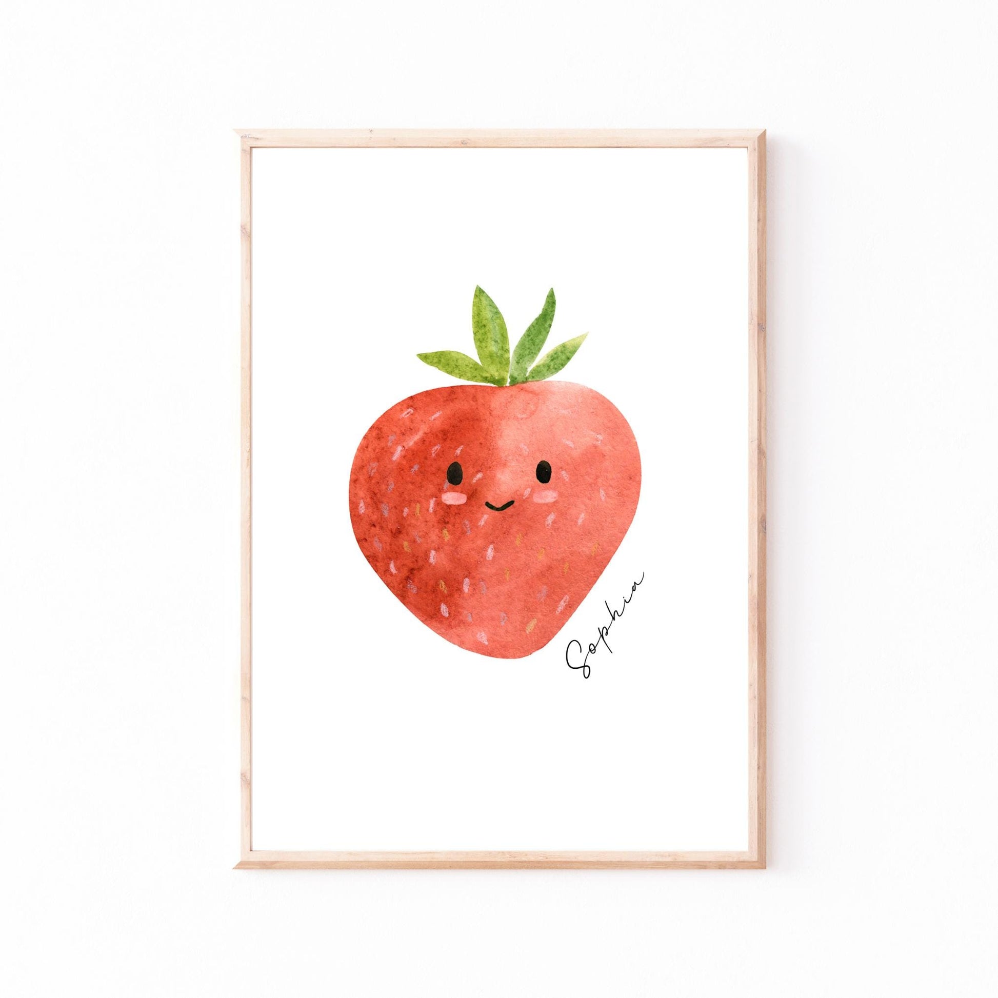Namensposter Erdbeere A3 & A4 zeigt eine lächelnde Erdbeere mit Gesicht, signiert von Sophia, ideal für personalisierte Kinderzimmerdekoration.