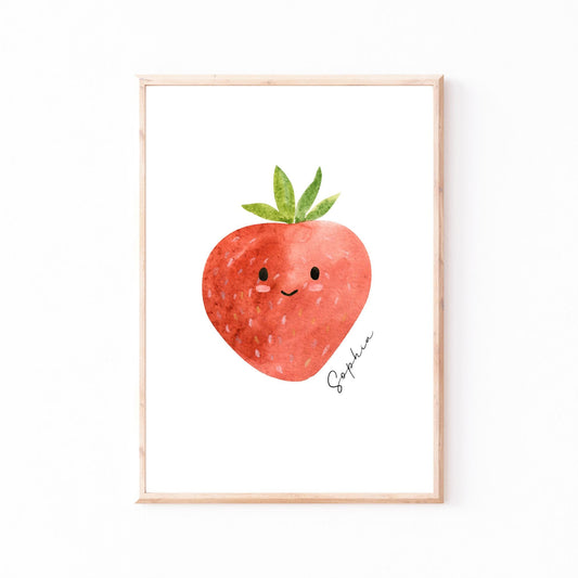 Namensposter Erdbeere A3 & A4 zeigt eine lächelnde Erdbeere mit Gesicht, signiert von Sophia, ideal für personalisierte Kinderzimmerdekoration.