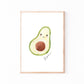 Namensposter Avocado A3 & A4: Framed watercolor illustration of a halved avocado with a kawaii face, signed Sophia, perfect for personalized children's room decor.