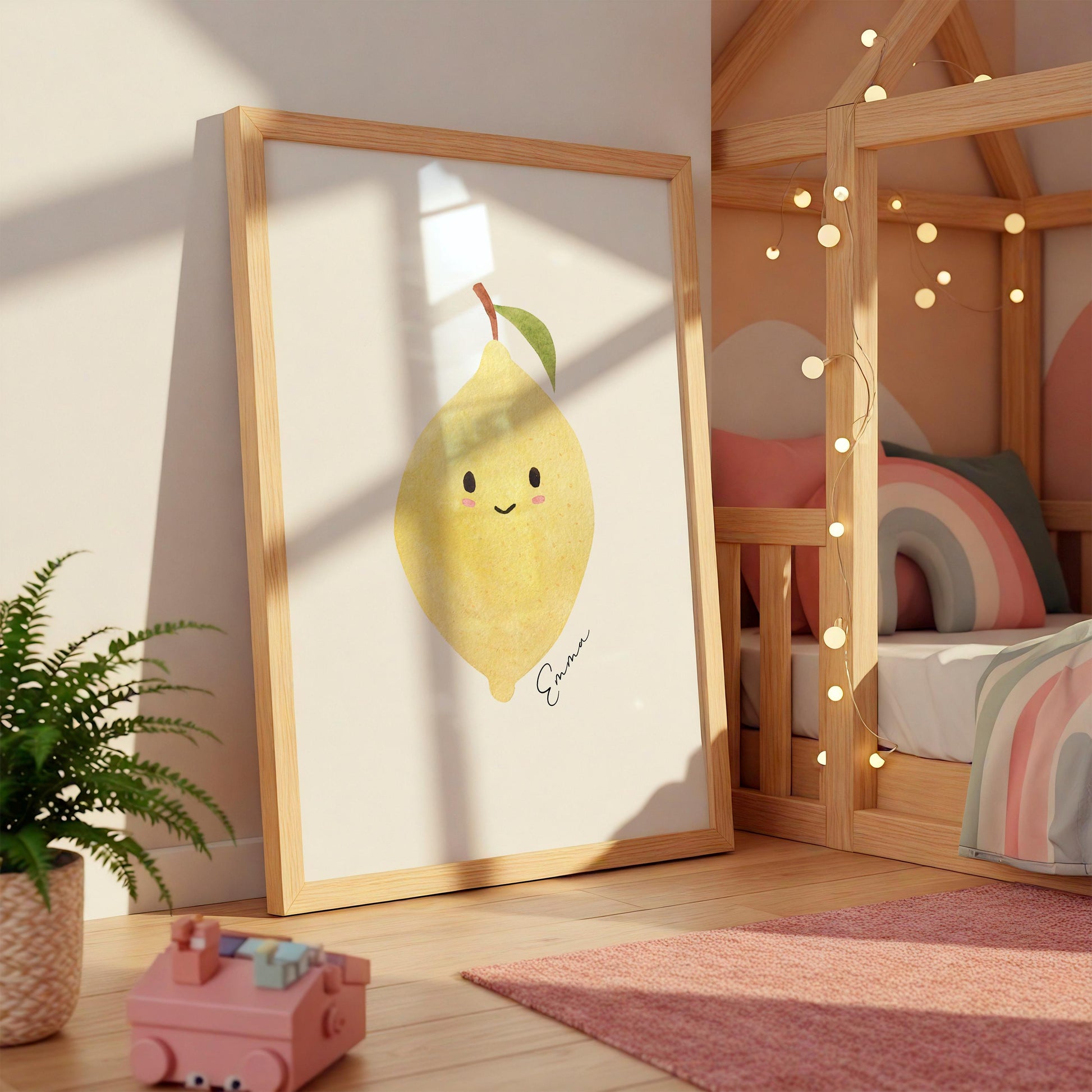 Namensposter Zitrone A3 & A4 in Kinderzimmer mit Holzrahmen, zeigt lächelnde Zitrone. Perfekt personalisierbares Geschenk, hochwertig gedruckt auf mattem Naturpapier.