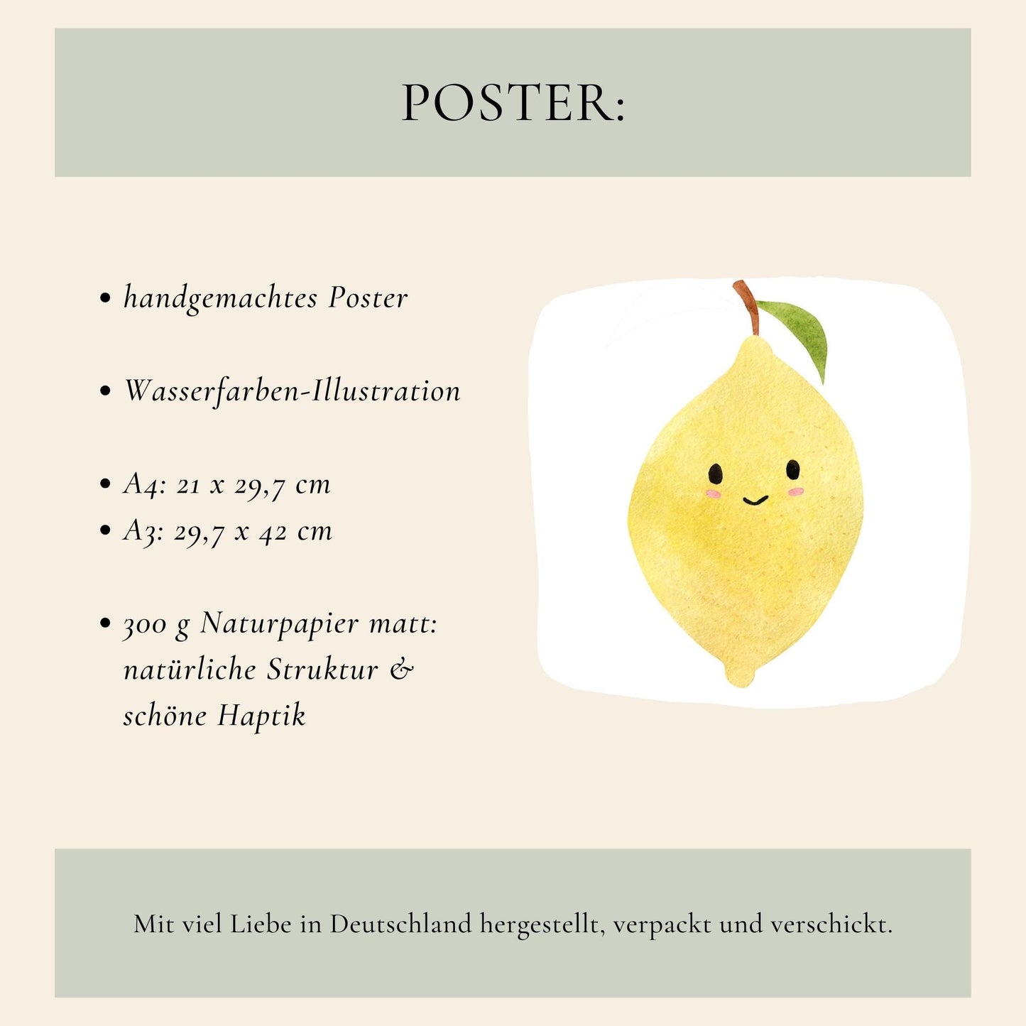 Namensposter Zitrone A3 & A4 zeigt handgemalte, lächelnde Zitrone. In Deutschland hergestellt, auf mattem 300g Naturpapier gedruckt, personalisierbar für Kinderzimmer.