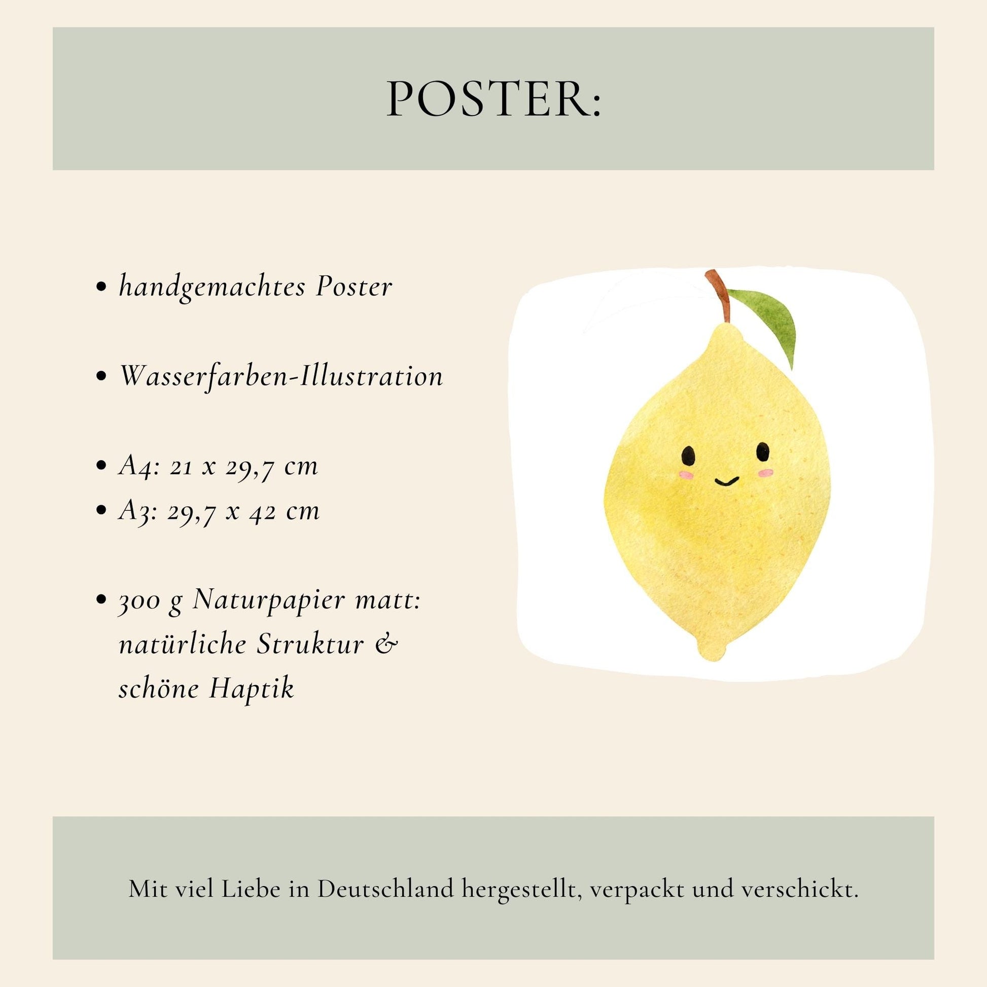 Namensposter Zitrone A3 & A4 zeigt handgemalte, lächelnde Zitrone. In Deutschland hergestellt, auf mattem 300g Naturpapier gedruckt, personalisierbar für Kinderzimmer.